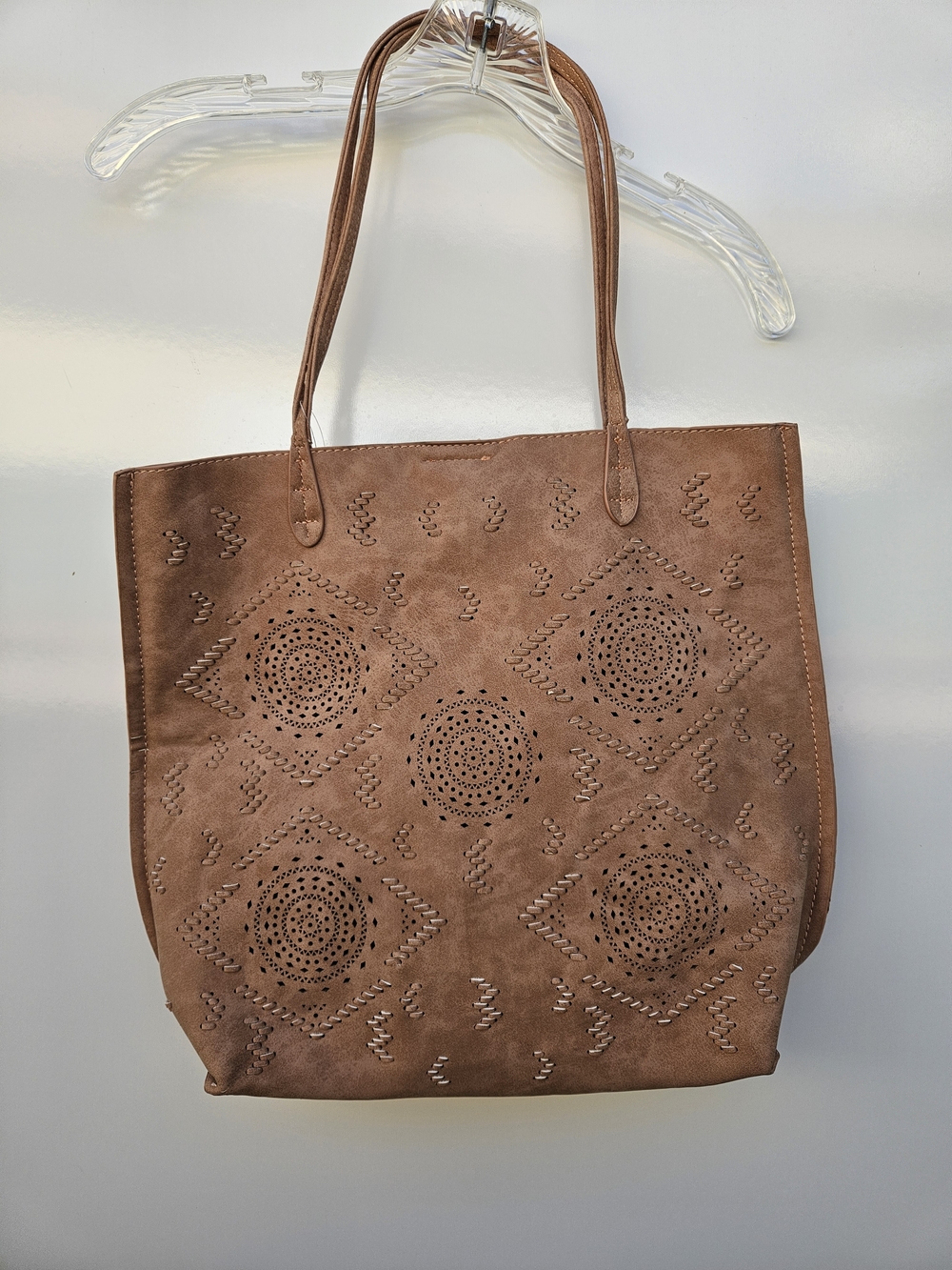 Brown Laser-Cut Faux Suede Tote Bag